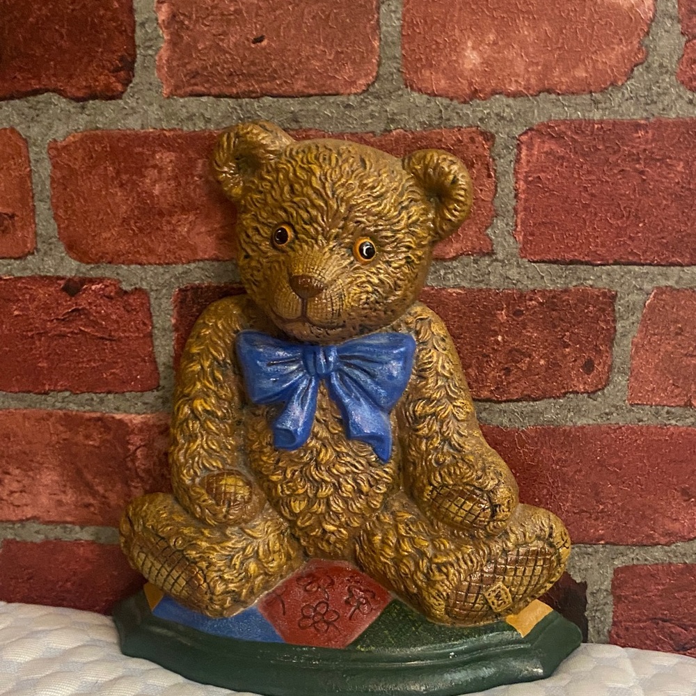 Vintage cast iron brass  painted Teddy Bear door stop  figurine antique nursery